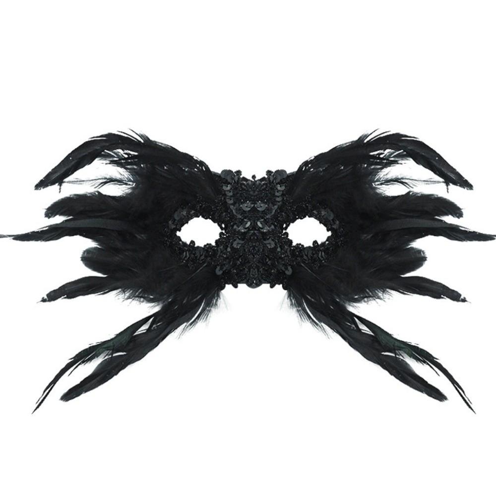 Vintage Style Half-Face Mask Angel Feather Black Feather Masquerade Mask Large Horn Gothic Design Eye Mask Ball Performance