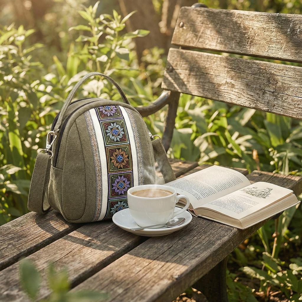 Canvas Ethnic Embroidery Shell Shape Small Bag With Zipper Pockets For Daily Use