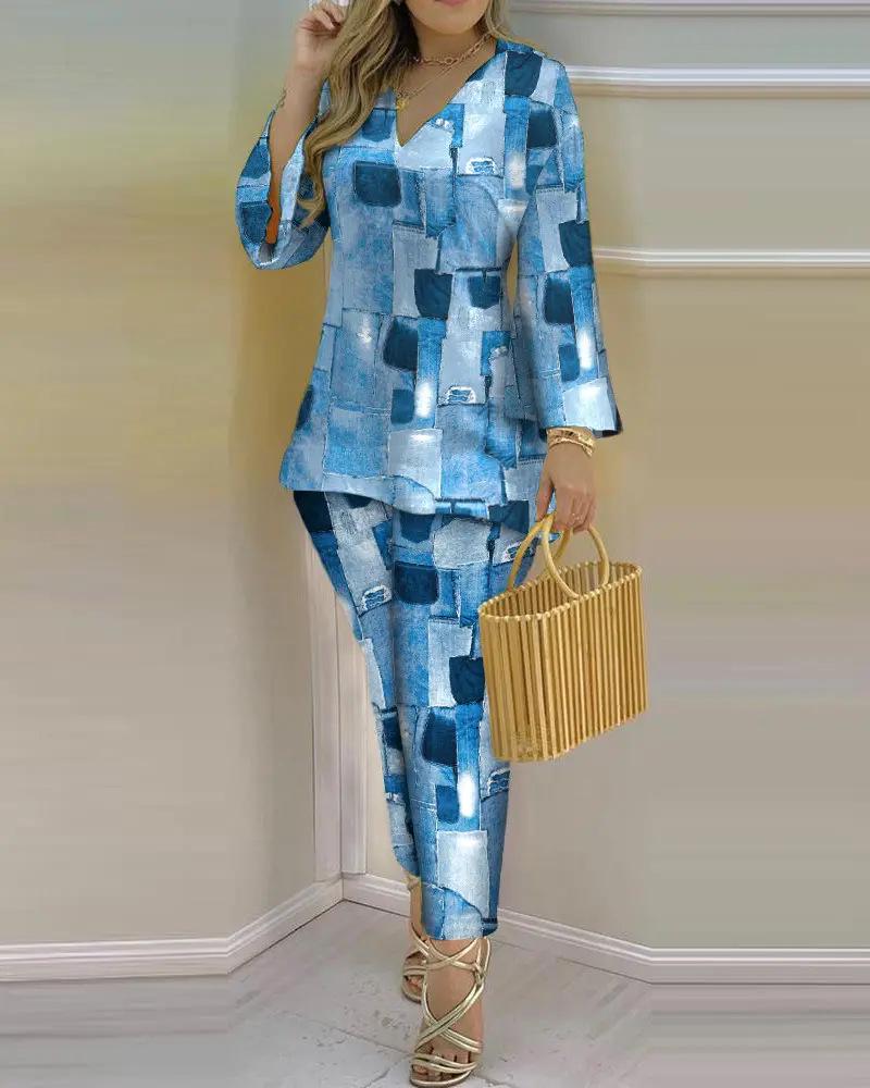 2023 Spring Women's European & American V-Neck Long-Sleeve Fashion Set