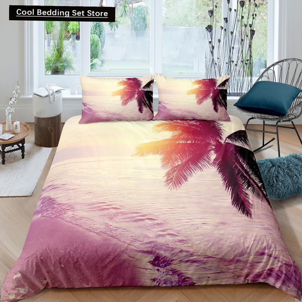 Tropical Coconut Palm Tree King Queen Duvet Cover Hawaii Seaside Sunset Bedding Set Sunrise Plant 2/3pcs Polyester Quilt Cover