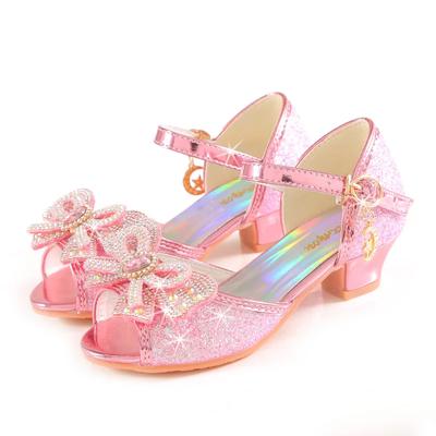 Sandálias de verão para meninas com salto da moda, strass, sapatos brilhantes, glitter, crianças, princesa, gravata borboleta, pérola, sapato de dança