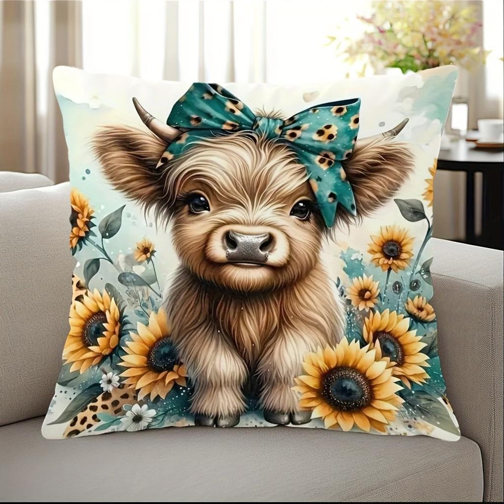 Pandara Jewelry Unisex 1Pc Highland Cow Sunflower Bow Throw Pillow Cover,Suitable For Sofa,Bedroom,Living Room,Heartwarming Gift For Farm Animal Lovers