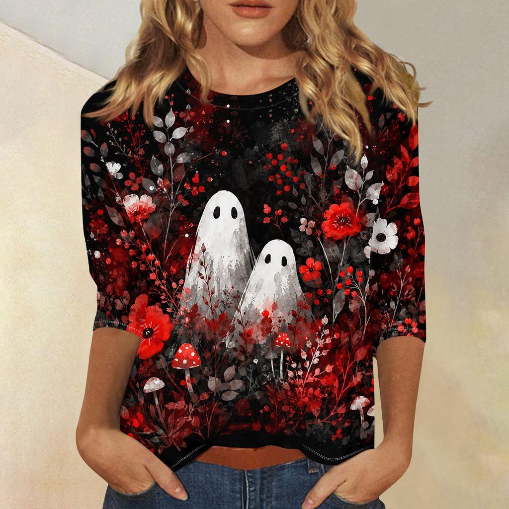 Women's Casual 3/4 Sleeve Halloween Print Round Neck Top Lightweight Comfortable Fit Seasonal Graphic Shirt