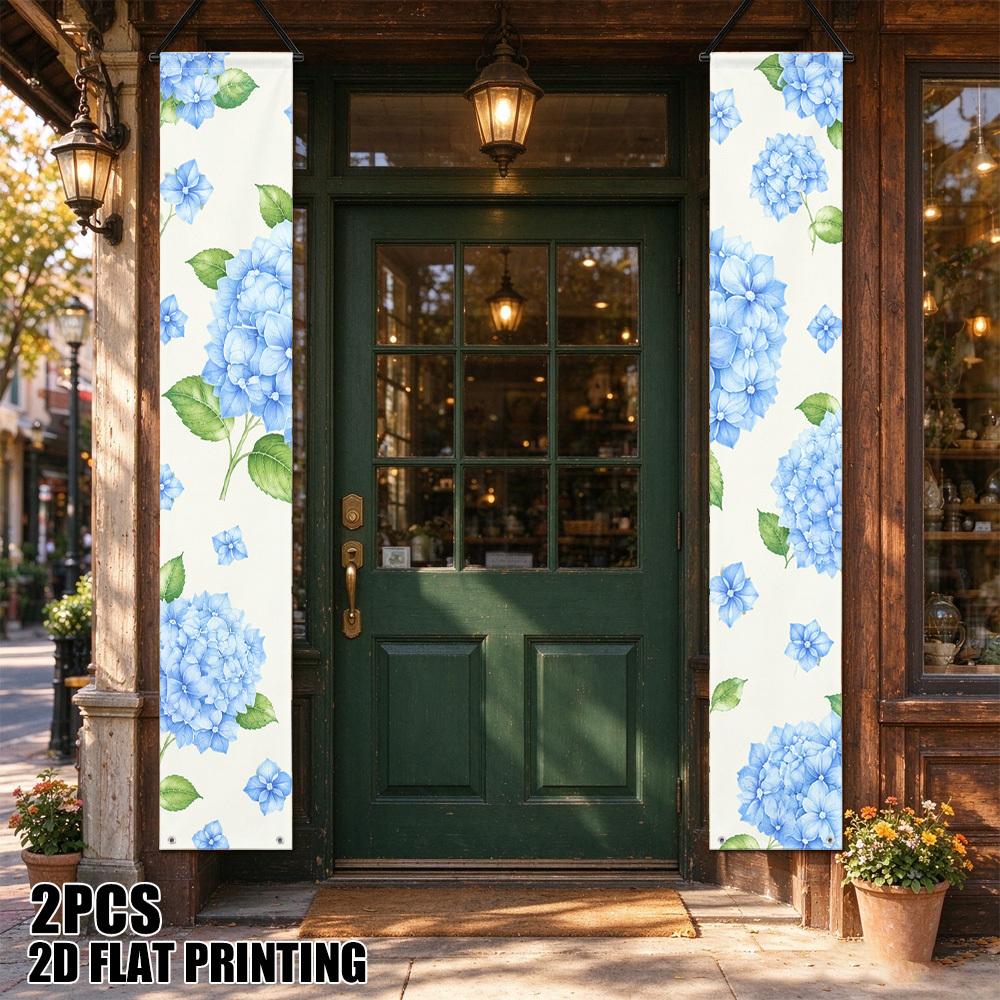 2D Flat, 2D Flat - 2D Door Banner 2D Flat, 2D Flat - 2D Door Banner 2D Flat Printing 2pcs Blue Hydrangeas Floral Design Porch Door Banner, Polyester,