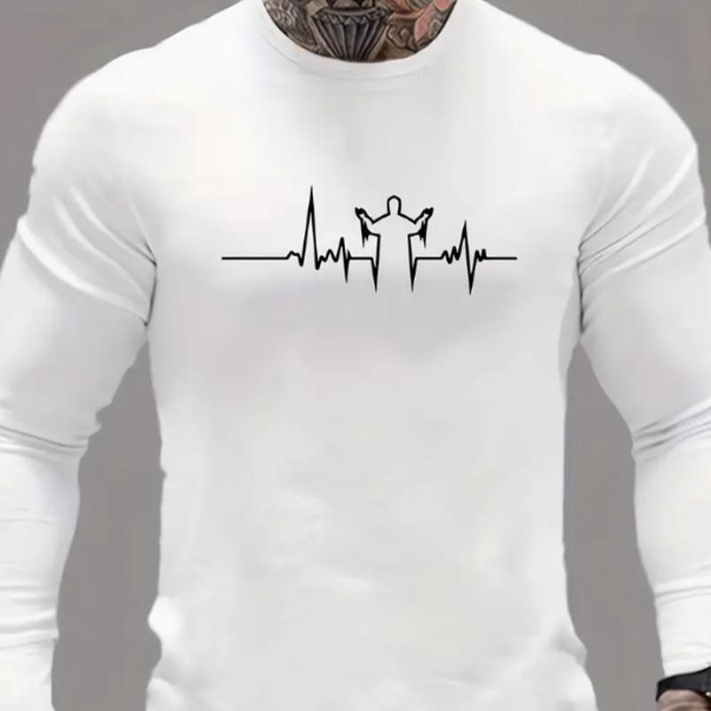Электрокардиограмма Принт Мужские футболки Длинные рукава Футболки Круглый вырез — фото 3