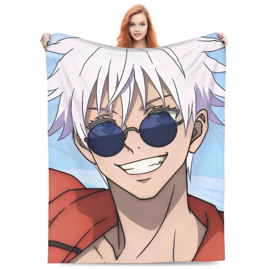 Gojo Satoru Knitted Blanket Anime Jujutsu Kaisen Flannel Throw Blanket Summer Air Conditioning Personalised Soft Warm Bedspreads