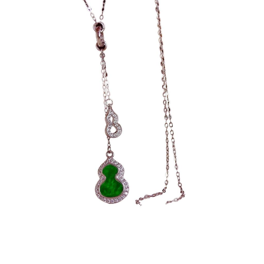 Classic S925 Sterling Silver Green Burmese Jade Gourd Necklace