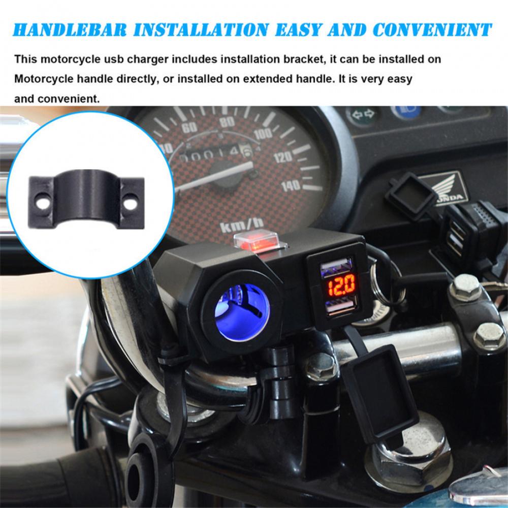 Dc12V Waterproof Motorcycles Handldbar 2Usb Port Adapter Blue Led With Voltmeter