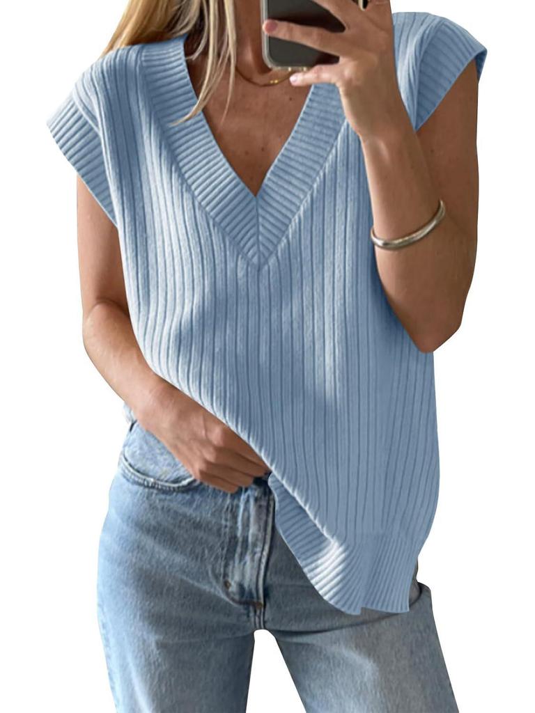 2025 New European & American Women's V-Neck Short-Sleeve Knitted Top - Versatile Loose Sweater In Solid Color