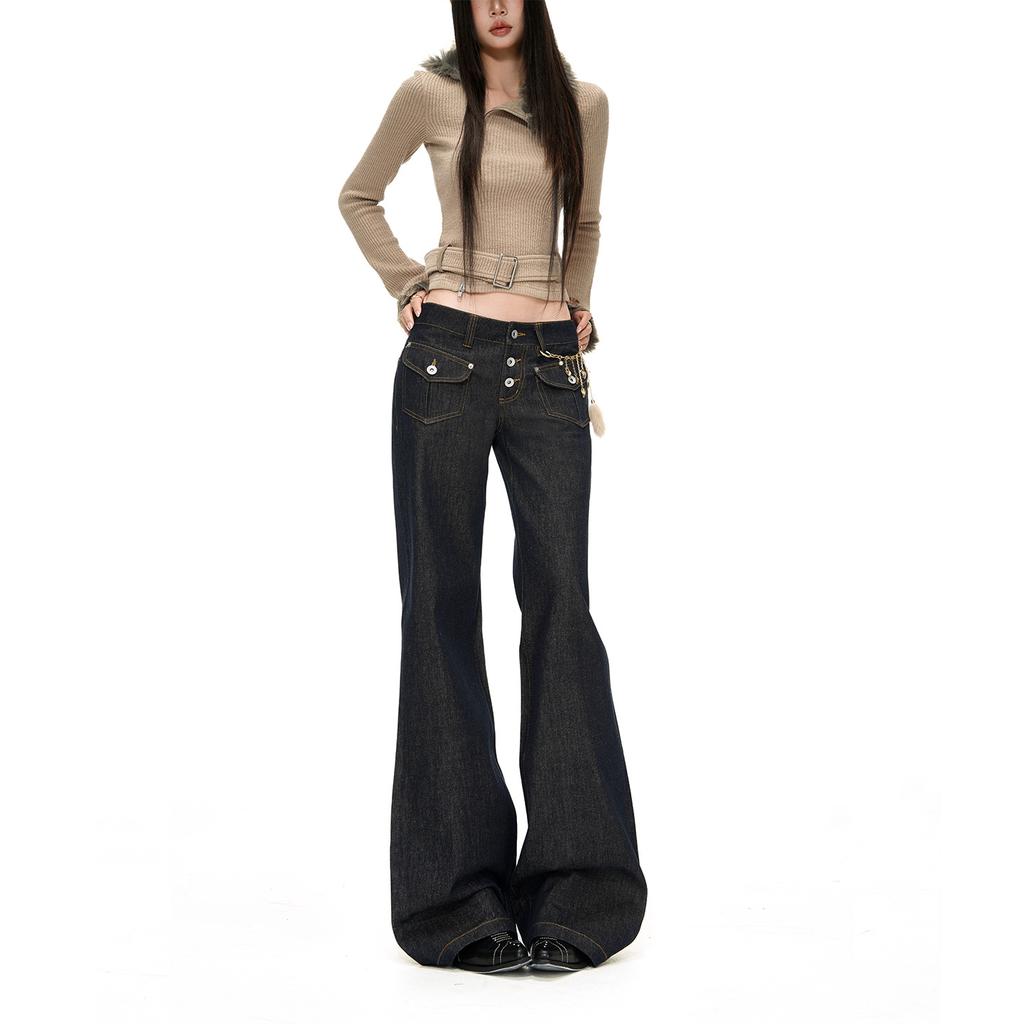 American front pocket slightly pulled jeans women's autumn new low-rise loose wide-leg thin flared pants