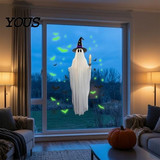 Luminous Ghost Stickers for Glass Halloween Static Window Cling, Fluorescent PVC Decal, Easy Apply Holiday Ornaments Removable Reusable