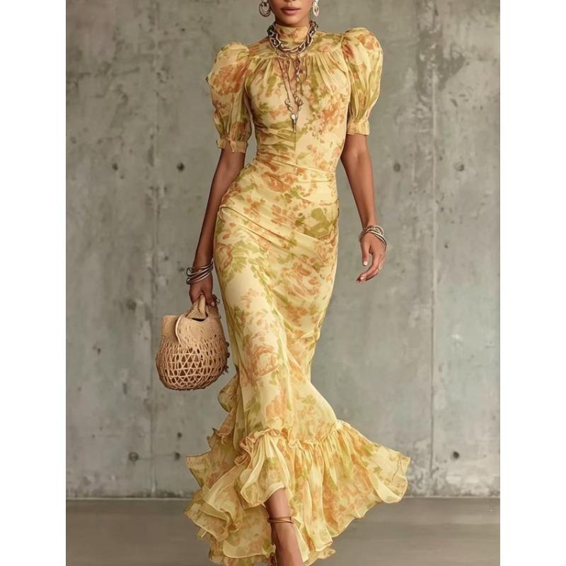 TIFICY Damen Mode Sommer Frühling Blumenmuster Druck Kurzarm Hoher Kragen Hohe Taille Freizeitkleider