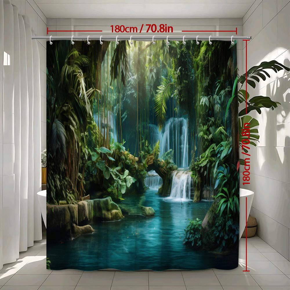 Tropical Rainforest Waterfall Shower Curtain Machine Washable All Season Waterproof Privacy Protection Nature Design Jungle