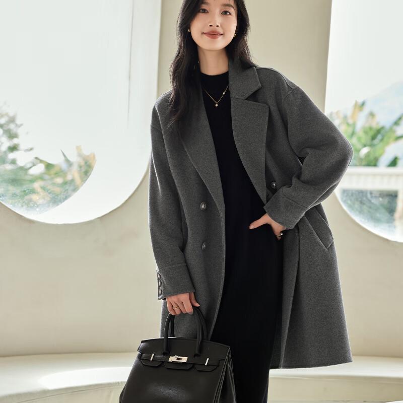 

VICTORIA&VERA Women s Grey Gold Button Wool Blend Double-Faced Mid-Length Coat L