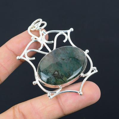Solar Moss Agate Gemstone Sister Art Deco Pendant Jewelry 925 Sterling Silver