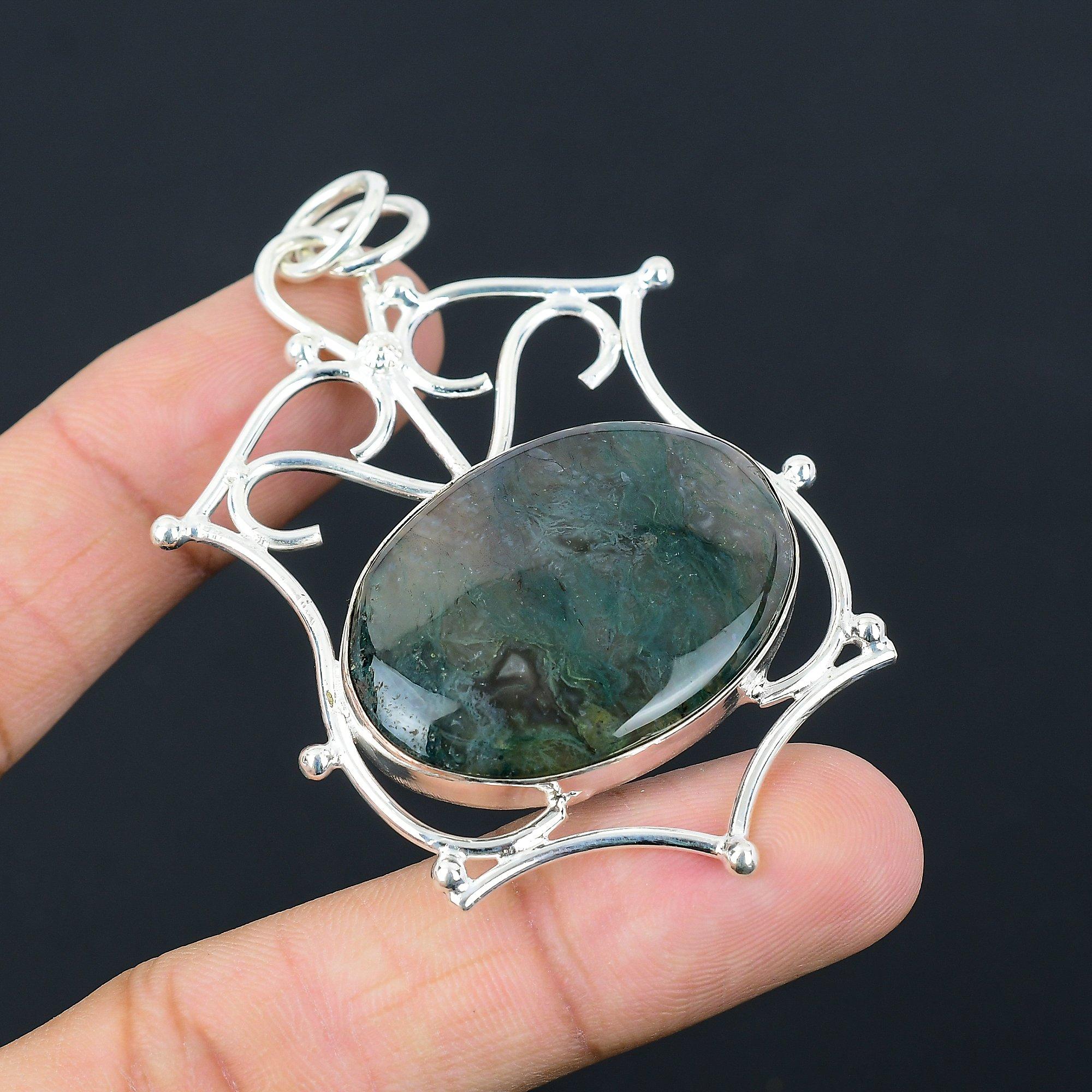 Solar Moss Agate Gemstone Sister Art Deco Pendant Jewelry 925 Sterling Silver