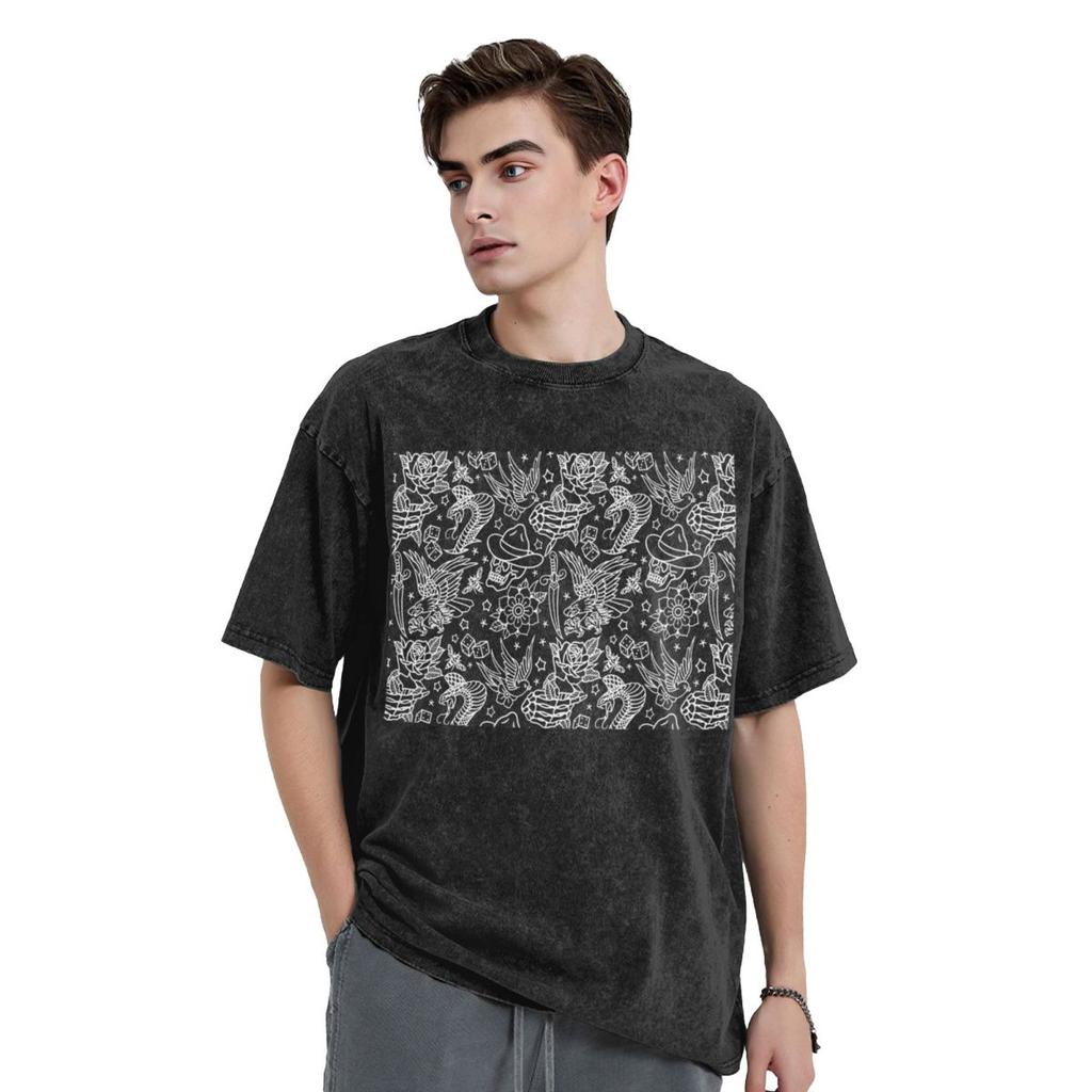 American Traditional Tattoo Flash Print Washed T Shirts Printed Short Sleeve Hip Hop T-Shirt Streetwear Tops Tees for Men Women