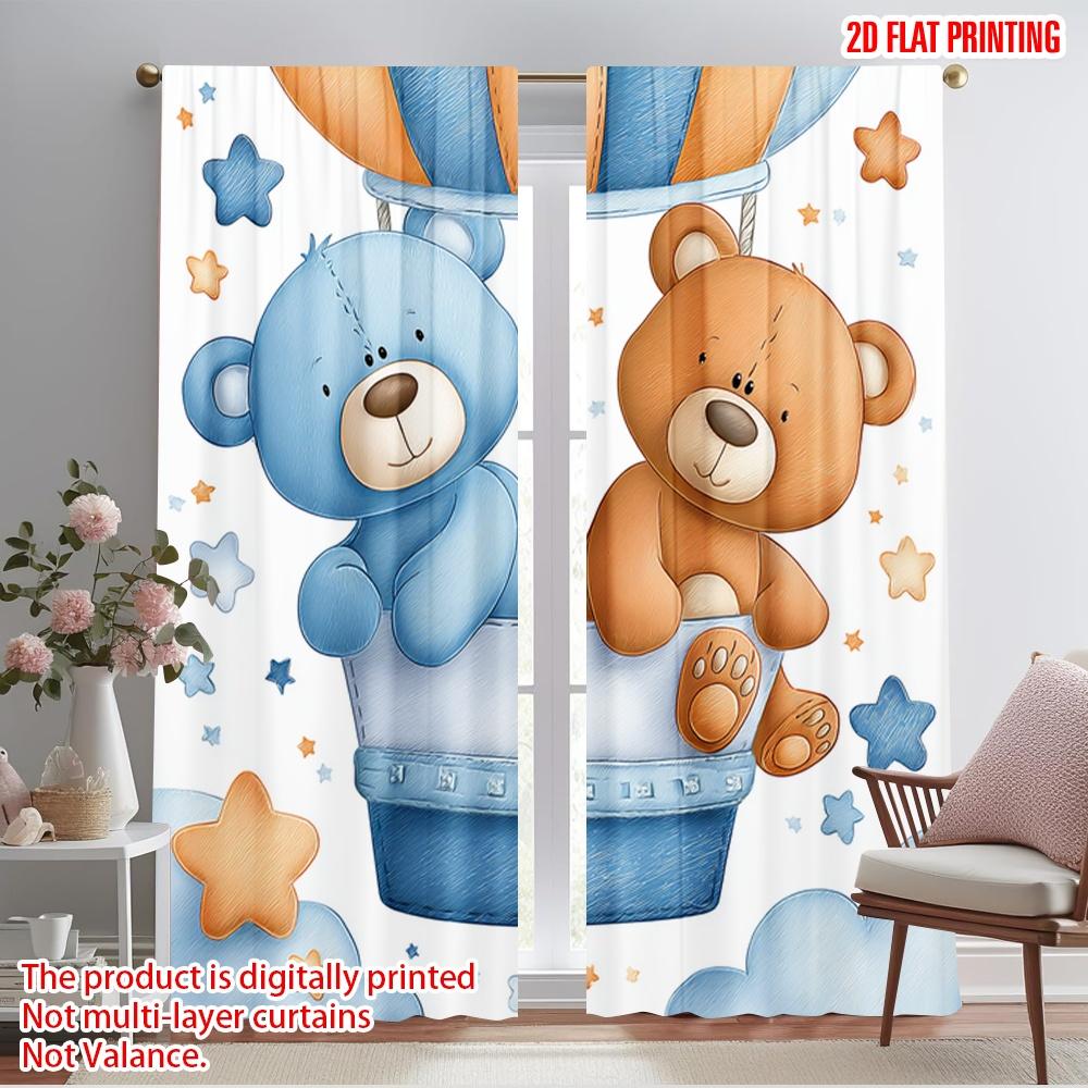 

Flat Printing Curtains Cute Teddy Bears Hot Air Balloon Polyester Without Electricity Indoor Celebrations Studio Curtain Set Of 2 Made Washable W100*H70(CM)-Hooks&1PCS