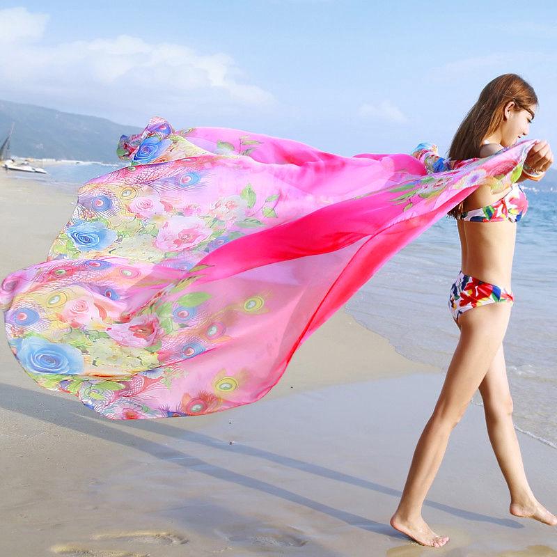 Asciugamano da Spiaggia Oversize in Chiffon Primavera e Autunno Donna Protezione Solare Sciarpa Floreale con Motivo Broccato Sciarpa Lunga