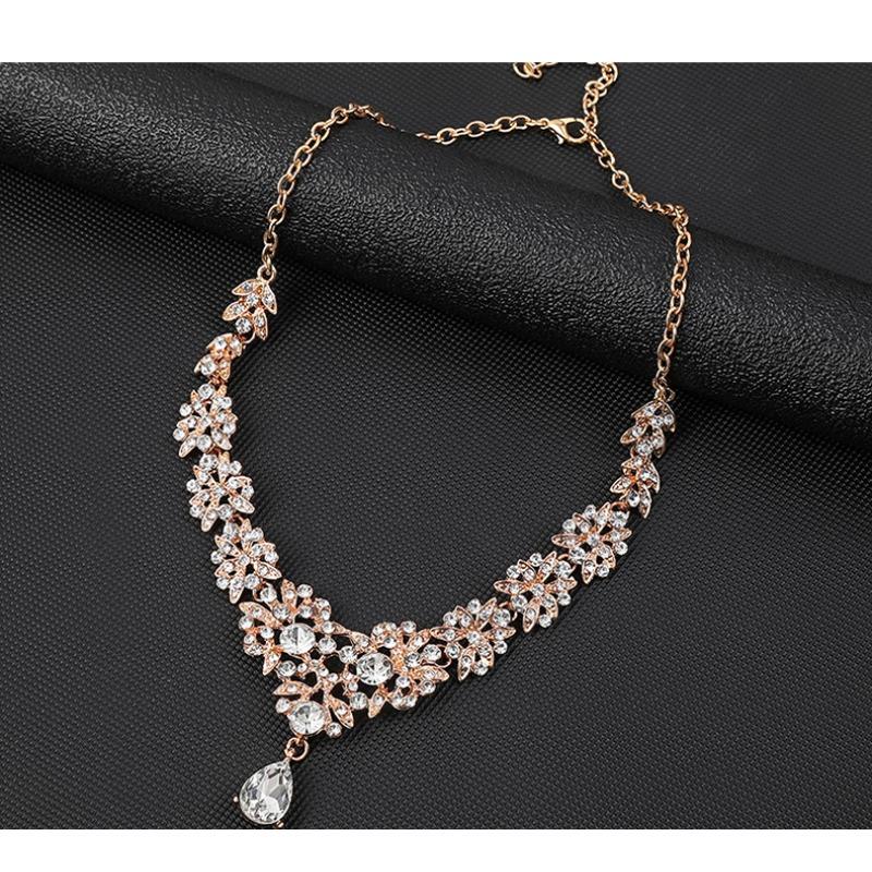 GemChic Women's New Exquisite Alloy Hollow Flowers Crystal Zircon Drops Pendant Necklace Earrings Two Piece Set Birthday Christmas Jewelry Gift
