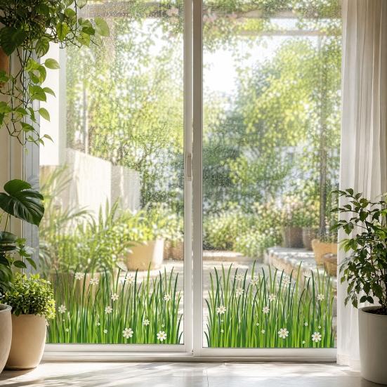 Frühling Sommer Blumen Fensteraufkleber, Wildblumen Gras Fenstersticker für Glasfenster, Doppelseitiger Statischer Anti-Kollisions Blumendekal für Klassenzimmer