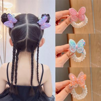 1PCS New Pearl Sequin Butterfly Girls Elastic Hair Bands Princess Hair Accessories Children Hair Ties Baby Headwear