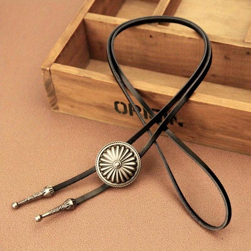 Colier cu șnur Boho Colier Bolo Western Colier Bolo Rotund Vintage Cravată Cowboy Cravată Cowboy din Piele Lanț pentru Pulover Bolo din Piele