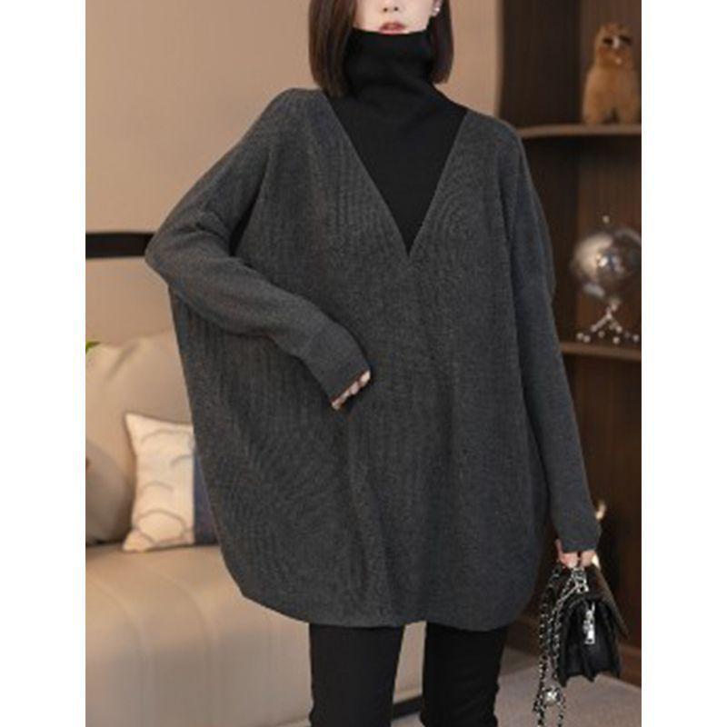 2025 New European-Style Ribbed High Neck Long Sleeve Top for Women - Loose, Slimming Fit