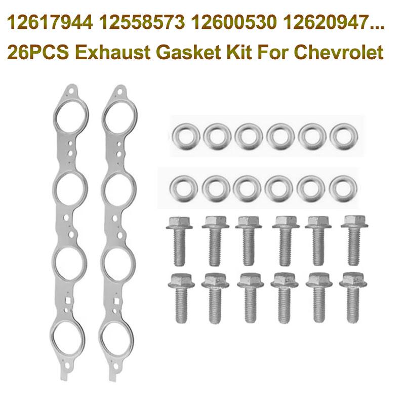 26PCS Exhaust Gasket Kit For Chevrolet LS1 GM 4.8L C5.3L 5.7L 6.0L 6.2L 12617944 12620947 Exhaust Manifold Header Gasket