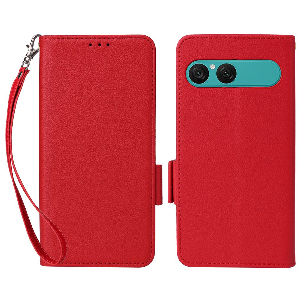 For Sony Xperia 10 VII Case Litchi Texture Wallet Leather Phone Cover with Wrist Strap