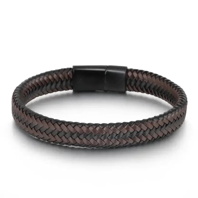 Vintage Handwoven Black Leather Bracelet with High Quality Metal Buckle Suitable for Men\'s Personalized Charm Wristband Jewelry