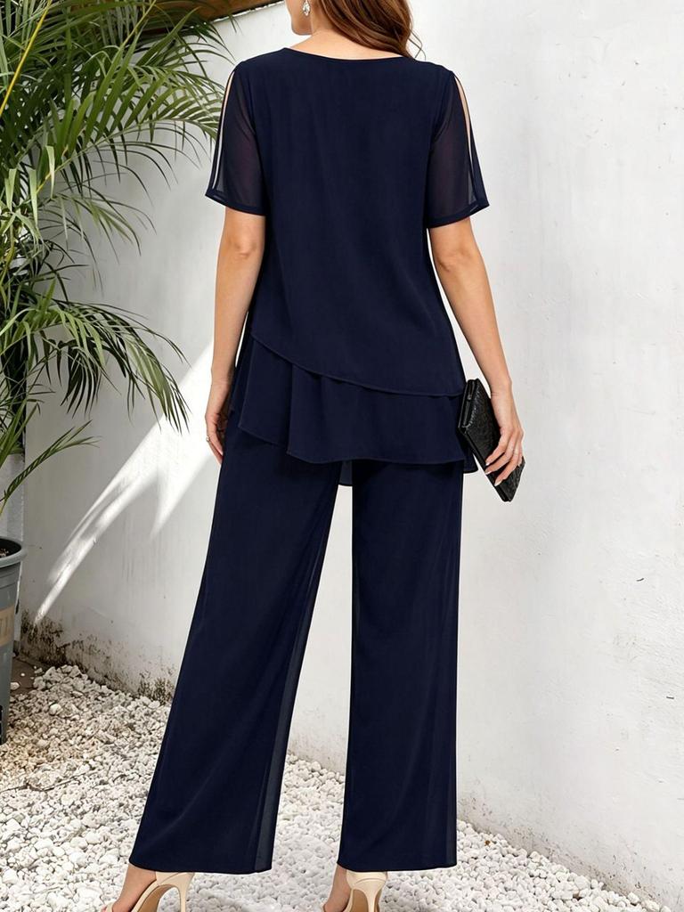 2026 Sommer Mode Chiffon Patchwork Oberteil & Weitbeinige Hose Zweiteiliges Set für Damen