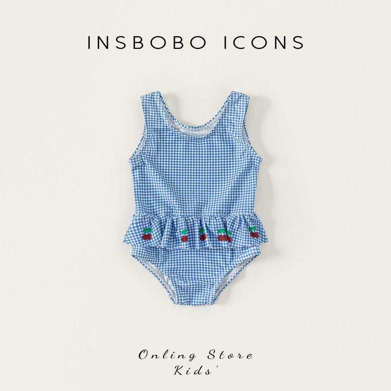 Insbobo Girls  Swimsuit Summer 2026 New Style Baby Girl Swimwear Children s Swimwear Fashionable Baby Children s Clothing Summer Blue and White Grid 100