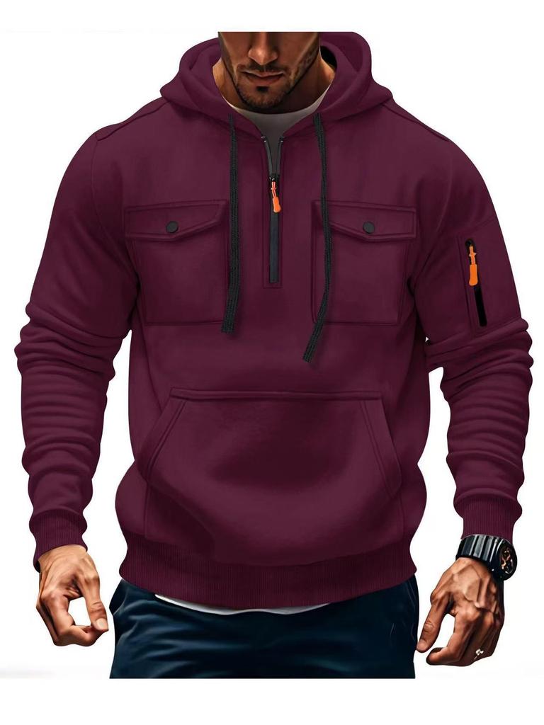 Men's Multi-Pocket Fleece Lined Hoodie Jacket - Casual and Versatile for Autumn/Winter