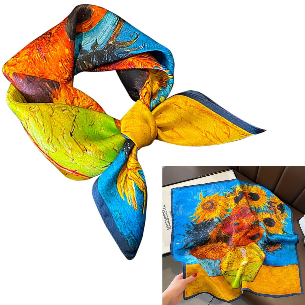 

Women 100% Mulberry Real Silk Scarf 53cm Luxury Kerchief Spring Autumn Neckerchief Brand Oil Painting Chinese & Painting Style
