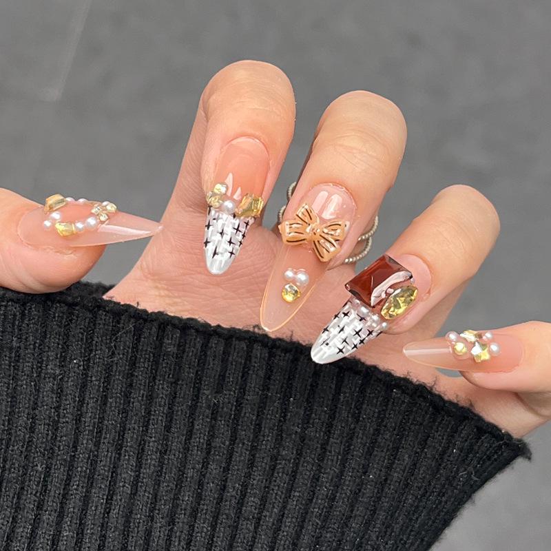 

Autumn Pearl Rhinestone French Nail Tips - Removable Spicy Girl Style Fake Nails Handmade Nails XS#10 pcs/bag