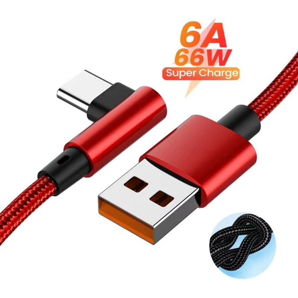 66W 6A USB C 91° Right Angle Cable For Xiaomi Fast Charging Cord for Honor Huawei OnePlus Realme Angled Data Wire Nylon