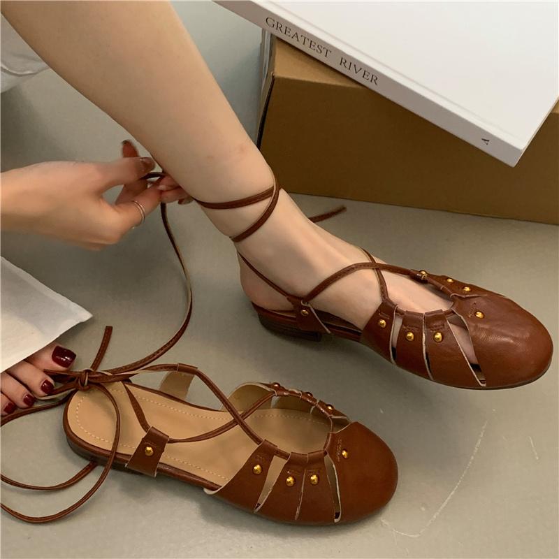 Fashion Bailamos Autumn Women Sandals Fashion Close Toe Lace Up Ladies Elegant Sandals Soft Flats Outdoor Dress Slingback Shoes