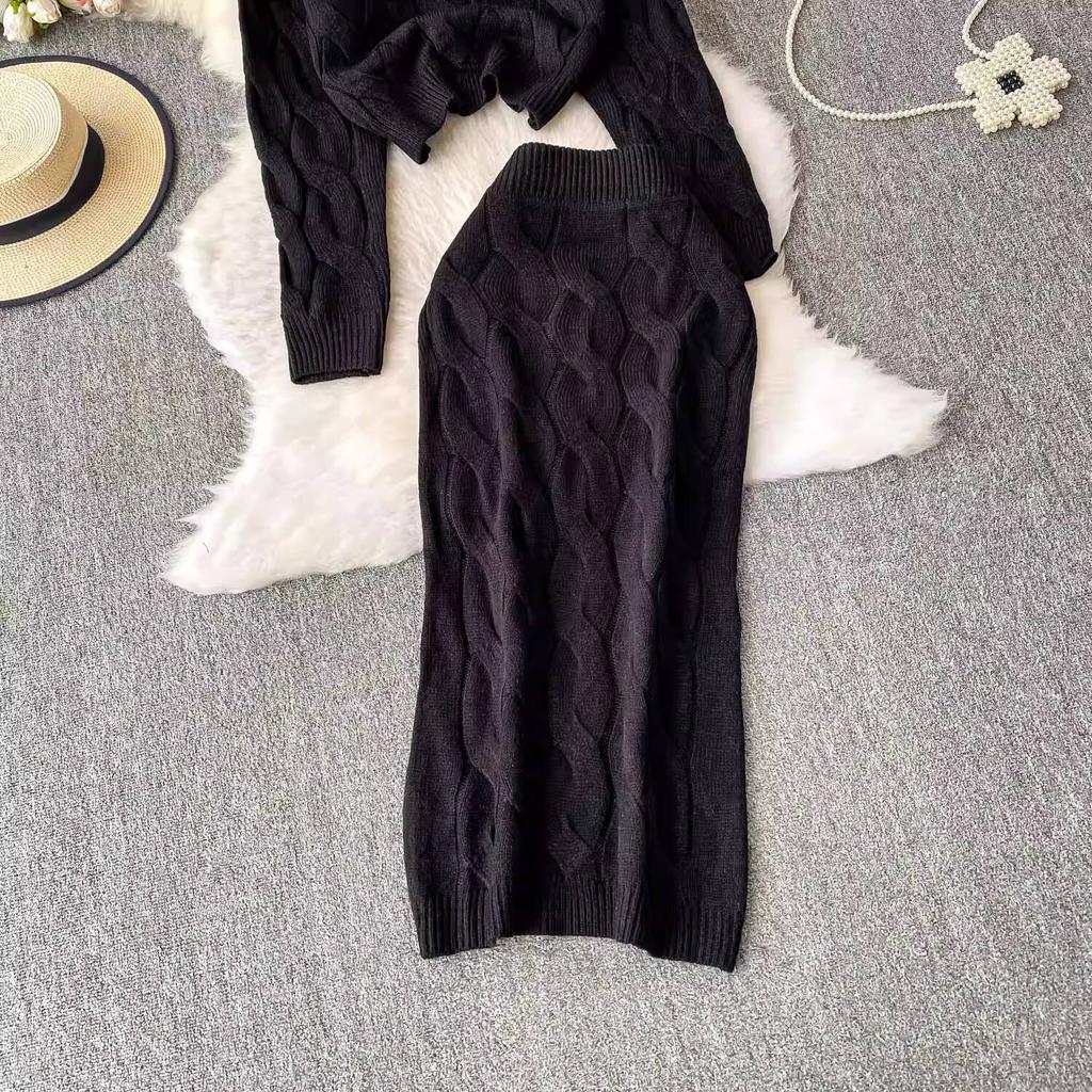 Autumn 2 Piece Set Turtleneck Sweater For Women Casual Fashion Style Chic Weave Top + High Waist Elegant Long Skirt