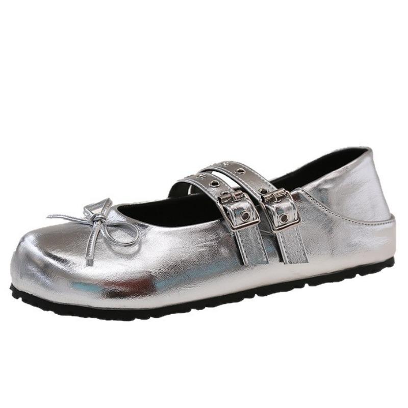 One-word Buckle Silver Mary Jane Shoes Children's New Summer Light Mouth Bow Round Head Flat Sole Shoes
