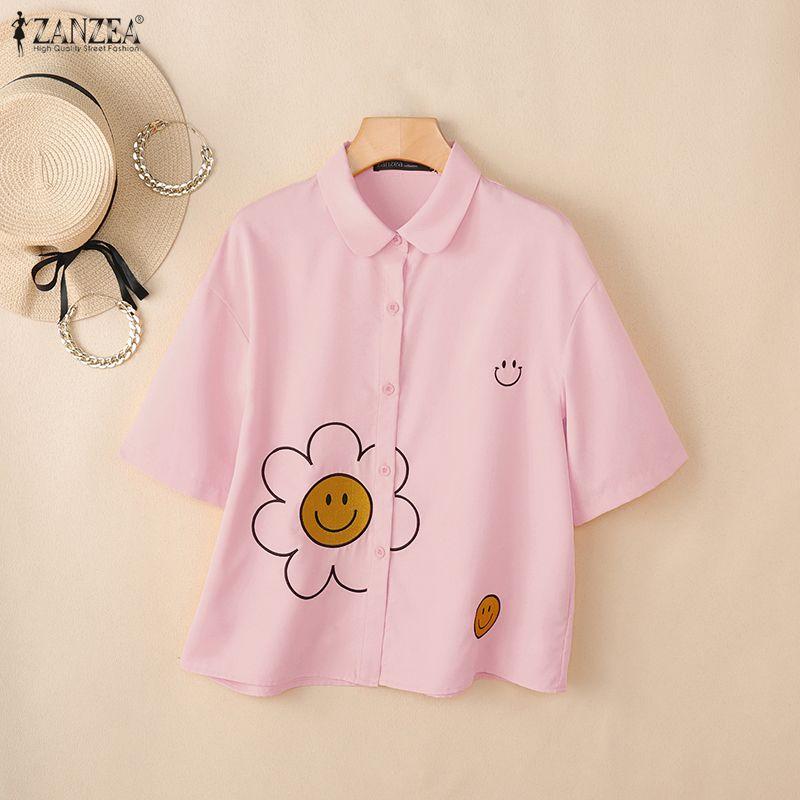 ZANZEA Blusa Casual de Mujer con Cuello Vuelto, Manga Corta Suelta y Estampado