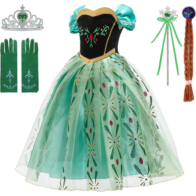 

Princess Dress For Girls, Kids Birthday Halloween Costume Set With Crown Wand Gloves Wig 100 зелёный