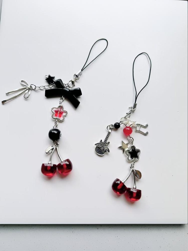 1 Piece Charms Red Cherry Bow Phone Chain Key Ring Y2K Bag Pendant Keychain Accessory Girlfriend Gift
