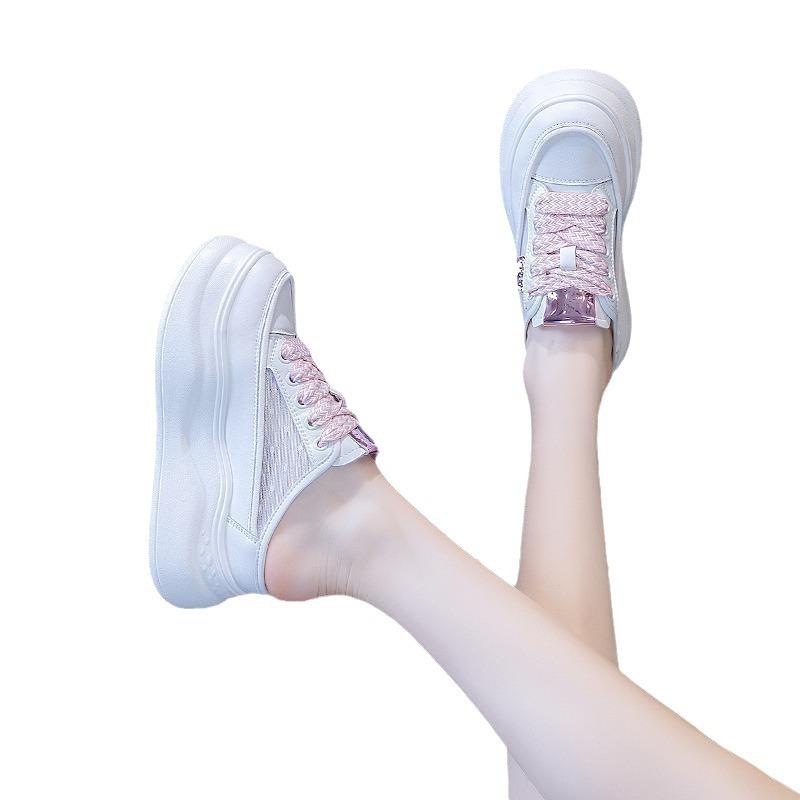 Lazy thick-bottomed muffin heightening baotou half slippers women's little white outer wear fashion 2025 summer new mesh small man