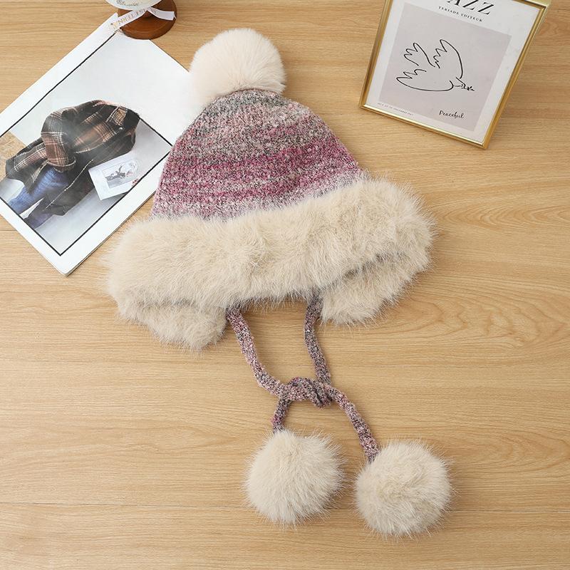 

Милая плюшевая теплая шапка с меховым помпоном на осень и зиму, универсальная, в национальном стиле, утолщенная шапка-пуловер с добавлением бархата, уличная, ветрозащитная, с защитой ушей average size