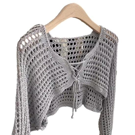 

Women Tops Loose Fit Casual Knitted Blouse Solid Color Hollow Design Lace-up Summer Sun Protection Short сірий