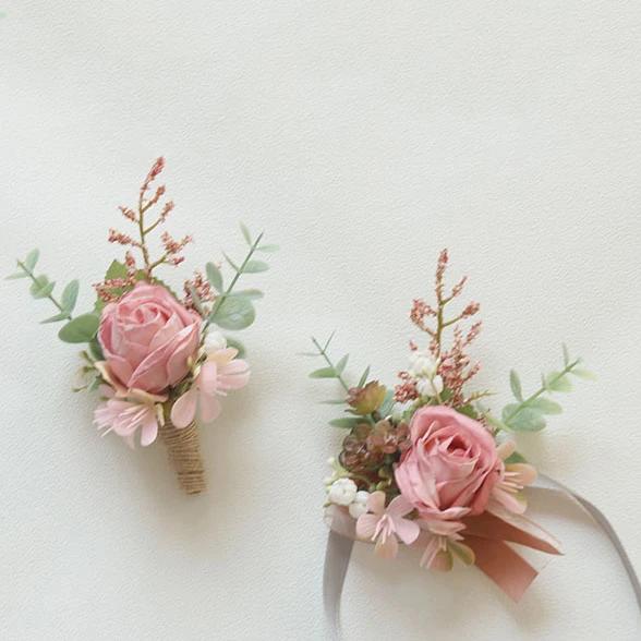 6pcs Pink Corsage Boutonniere Set for Bride Groom Bridesmaids Groomsmen Wedding Cerenony Homecoming Prom Suit Flowers