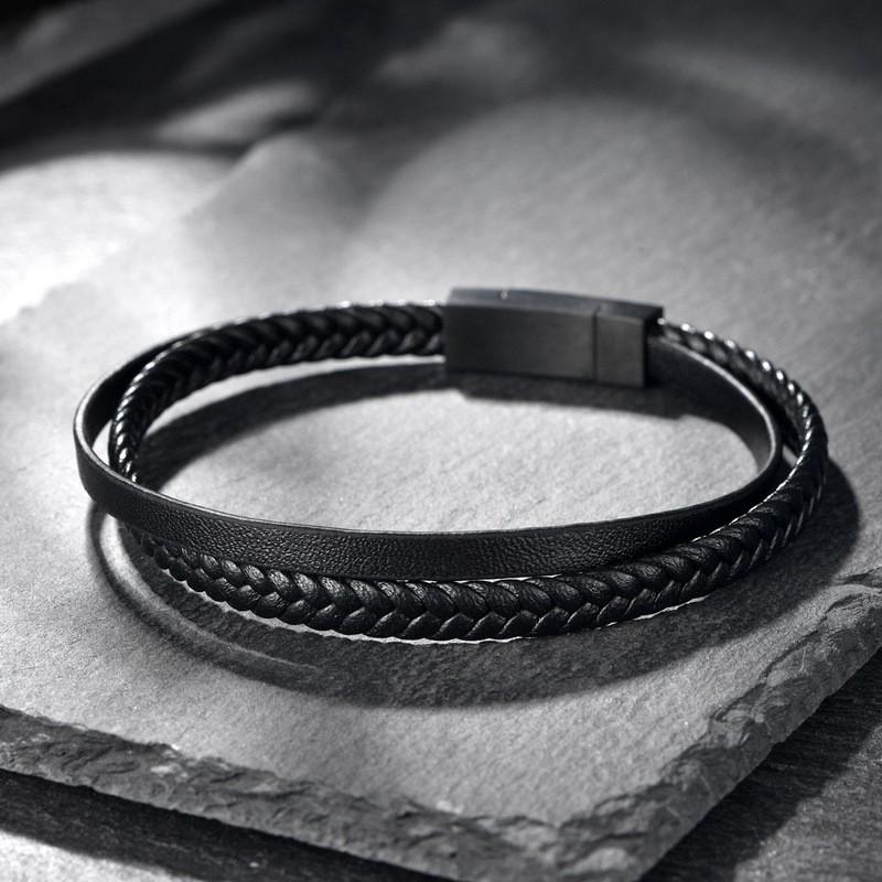 Minimalist Leather Cord Bracelet Men Stainless Steel Geometric Bangle Couple Jewelry Gift