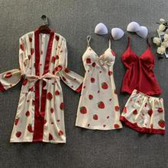 Seiden-Blumen-Pyjama-Set: 5-teiliges goldenes Camisole mit integriertem BH