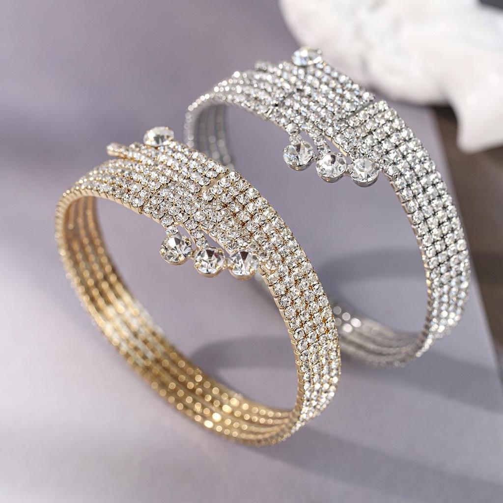 Versatile Shiny Rhinestone Multi-Layer Elastic Bracelet & Open Claw Bangle